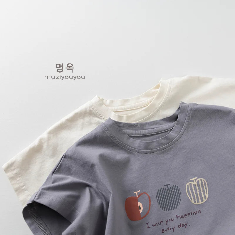 2025 Summer New Girls Short Sleeve T Shirts Children Casual Tops Boys Vintage Apple Print T Shirt Cotton Kids Tee Baby Clothes
