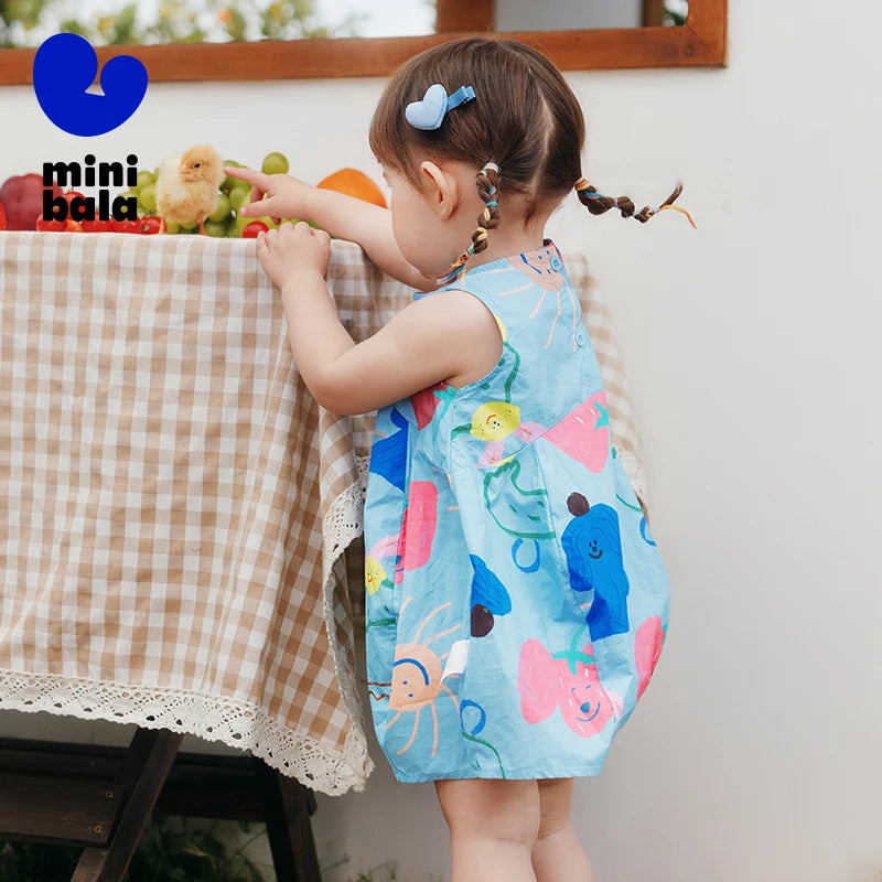 Mini Bala Cotton Sleeveless Dress Baby Girl Breathable Bubble Skirt for Casual Summer Wear