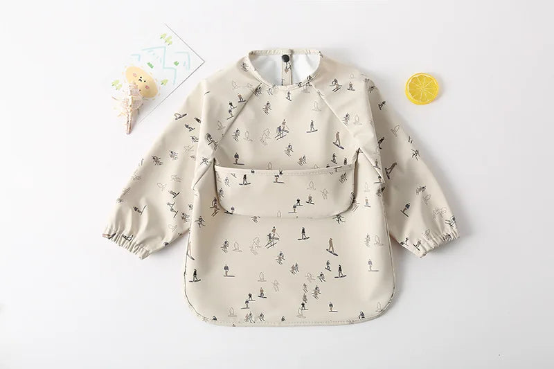 Easy Wear Long Sleeved Bib Baby Toddler Soft PU Bibs Painting Waterproof Meals Protection Washable Easy Clean Smock for Children