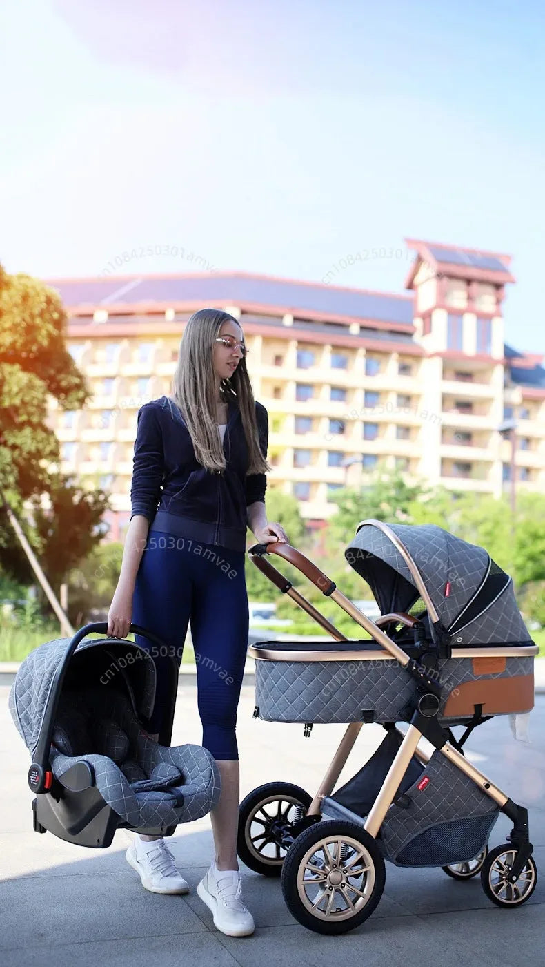 3-in-1high landscape baby stroller+safety basket for sitting and lying,lightweight folding,two-way shock-absorbing,0-3 years old