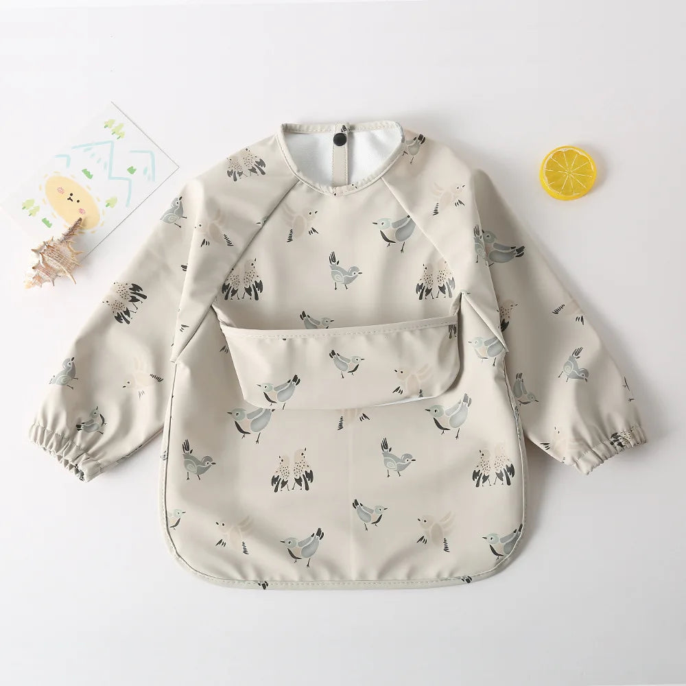 Easy Wear Long Sleeved Bib Baby Toddler Soft PU Bibs Painting Waterproof Meals Protection Washable Easy Clean Smock for Children