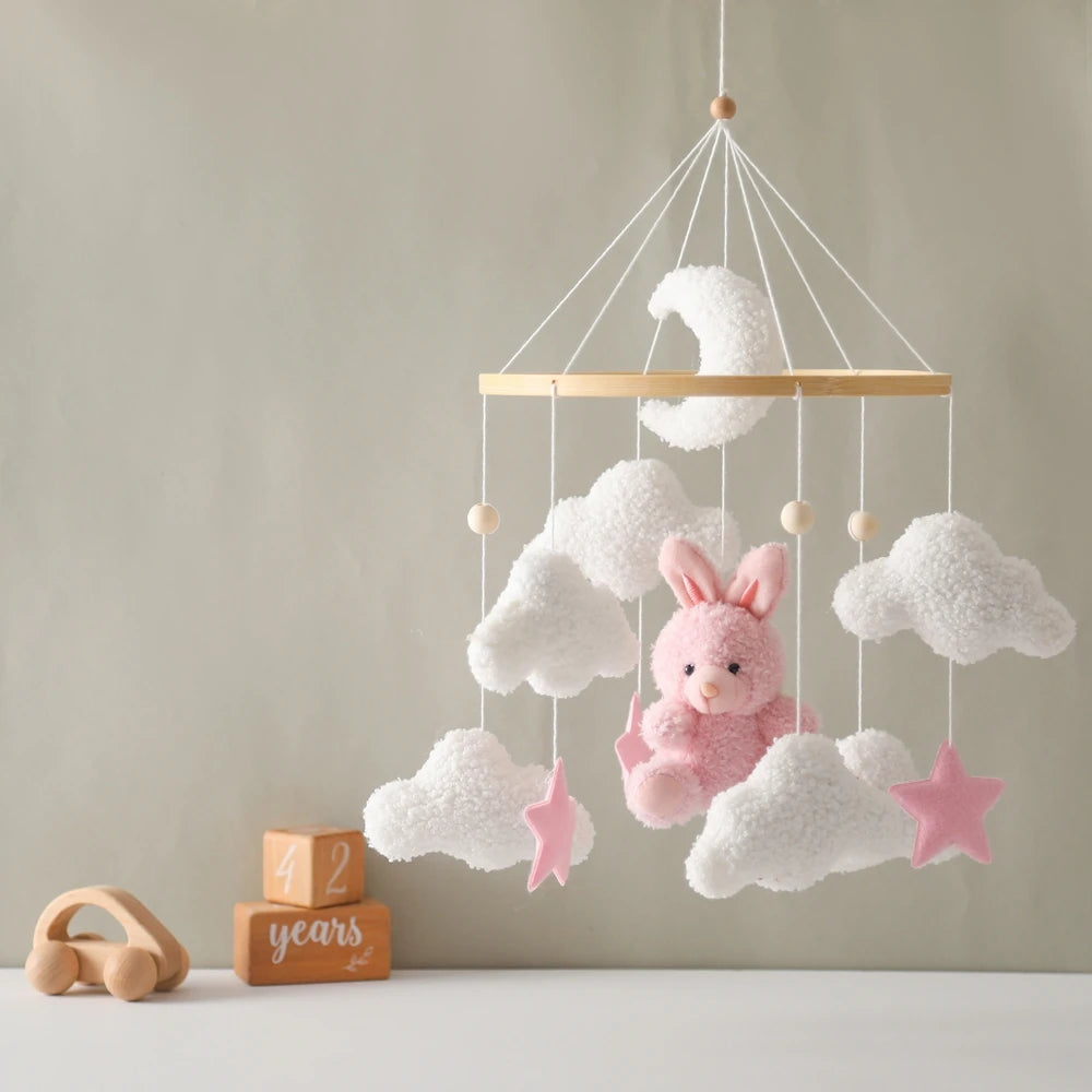 Baby Crib Mobile Wooden Rattle Toy Bed Bell Mobile Hanging Teddy Velvet Bear Doll Toy Newborn Music Box Crib Mobile Bracket Gift