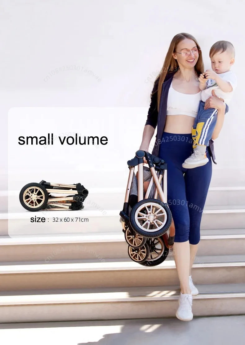 3-in-1high landscape baby stroller+safety basket for sitting and lying,lightweight folding,two-way shock-absorbing,0-3 years old