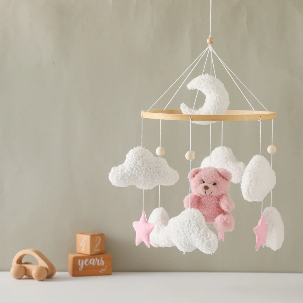 Baby Crib Mobile Wooden Rattle Toy Bed Bell Mobile Hanging Teddy Velvet Bear Doll Toy Newborn Music Box Crib Mobile Bracket Gift