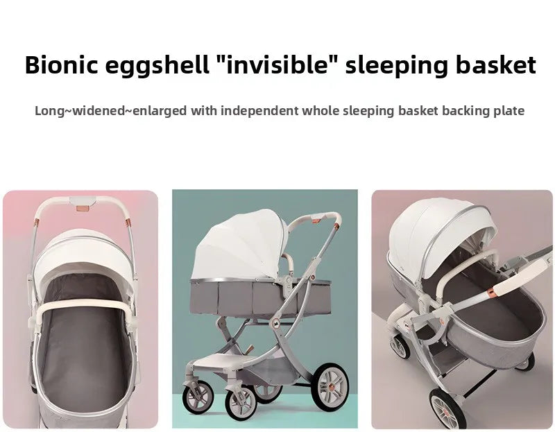 New Egg-shell 3-in-1 Baby Stroller Foldable High-view Baby Stroller with Car Seat Sitting and Lying Baby Stroller Two-way