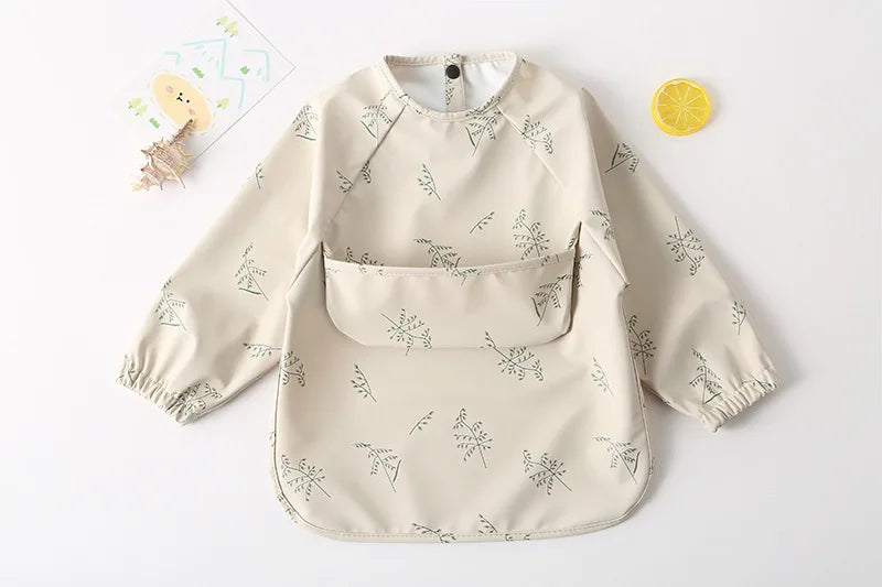 Easy Wear Long Sleeved Bib Baby Toddler Soft PU Bibs Painting Waterproof Meals Protection Washable Easy Clean Smock for Children
