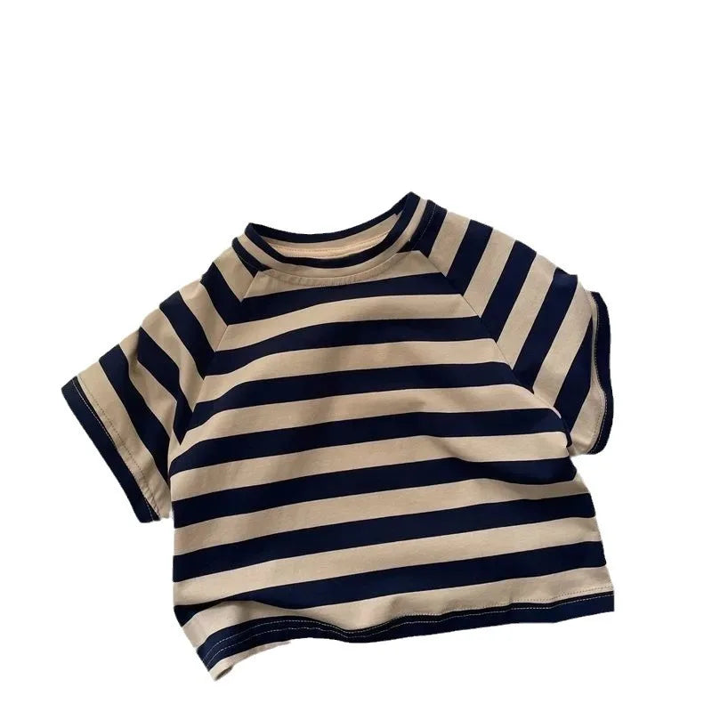 Korean Summer Children Boys T-shirts Cotton Striped Round Collar Infant Babys Boys Tops Loose Versatile Toddler Kids Boys Tees