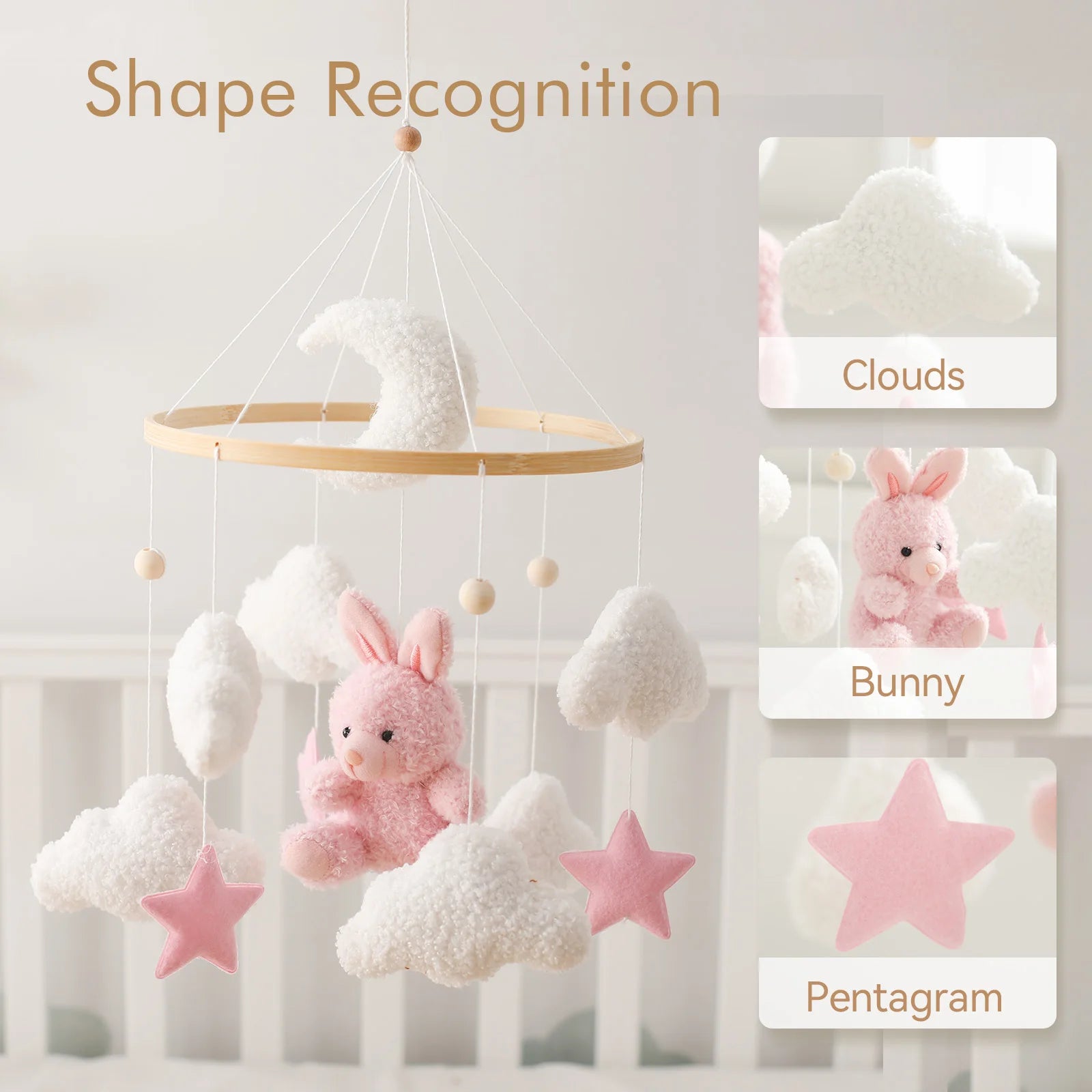 Baby Crib Mobile Wooden Rattle Toy Bed Bell Mobile Hanging Teddy Velvet Bear Doll Toy Newborn Music Box Crib Mobile Bracket Gift