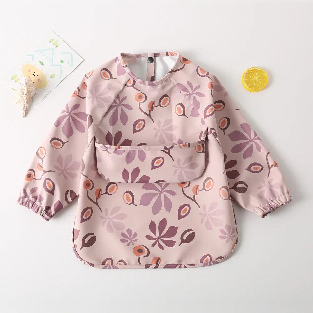Easy Wear Long Sleeved Bib Baby Toddler Soft PU Bibs Painting Waterproof Meals Protection Washable Easy Clean Smock for Children