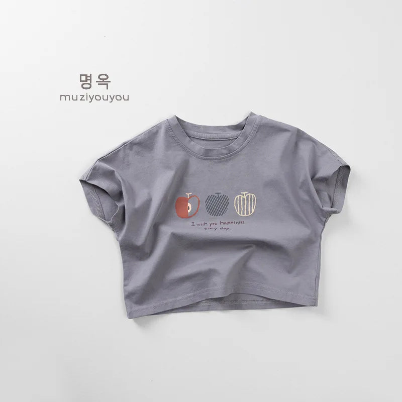 2025 Summer New Girls Short Sleeve T Shirts Children Casual Tops Boys Vintage Apple Print T Shirt Cotton Kids Tee Baby Clothes