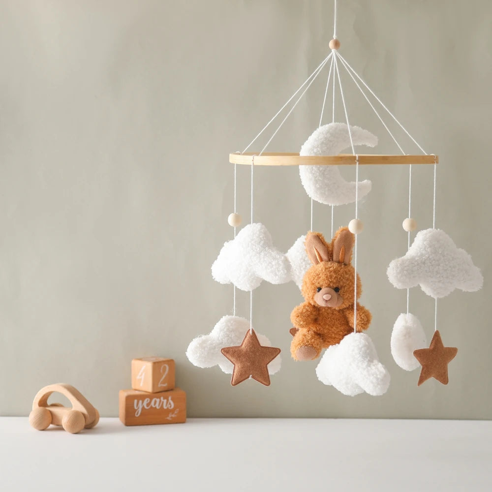 Baby Crib Mobile Wooden Rattle Toy Bed Bell Mobile Hanging Teddy Velvet Bear Doll Toy Newborn Music Box Crib Mobile Bracket Gift
