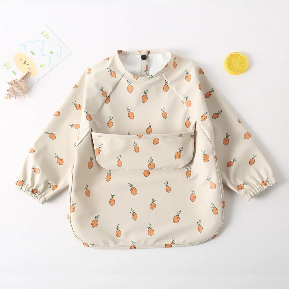 Easy Wear Long Sleeved Bib Baby Toddler Soft PU Bibs Painting Waterproof Meals Protection Washable Easy Clean Smock for Children