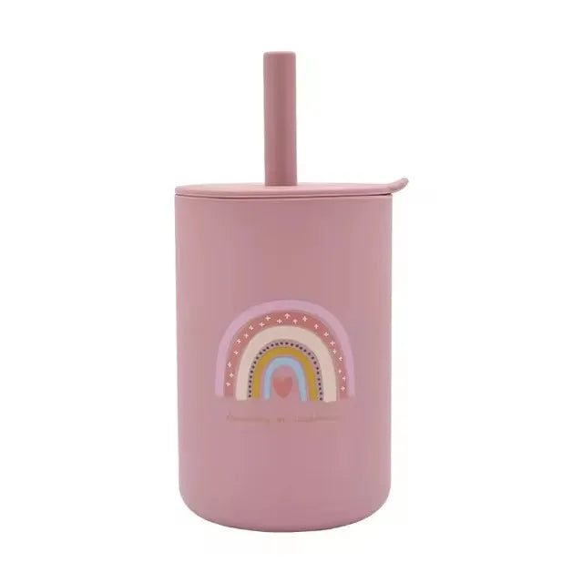 Baby Silicone Sippy Cup Portable Storage Snack Container Feeding Children Rainbow Printing Leakproof Learning Drink Cup Bpa Free