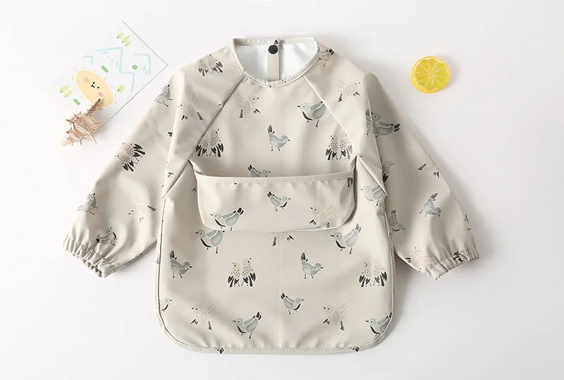 Easy Wear Long Sleeved Bib Baby Toddler Soft PU Bibs Painting Waterproof Meals Protection Washable Easy Clean Smock for Children
