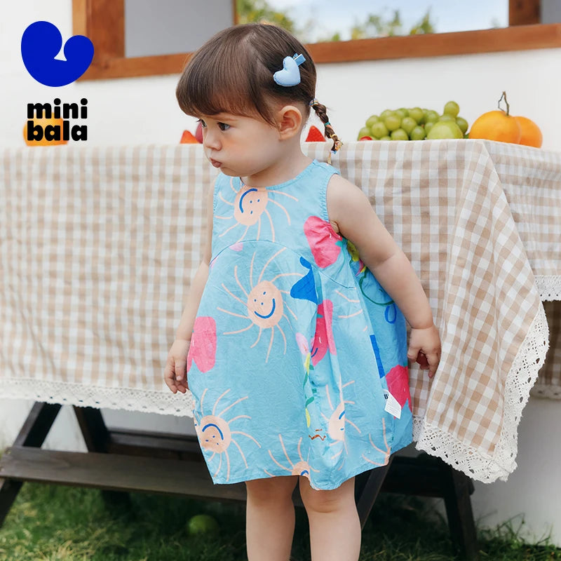 Mini Bala Cotton Sleeveless Dress Baby Girl Breathable Bubble Skirt for Casual Summer Wear