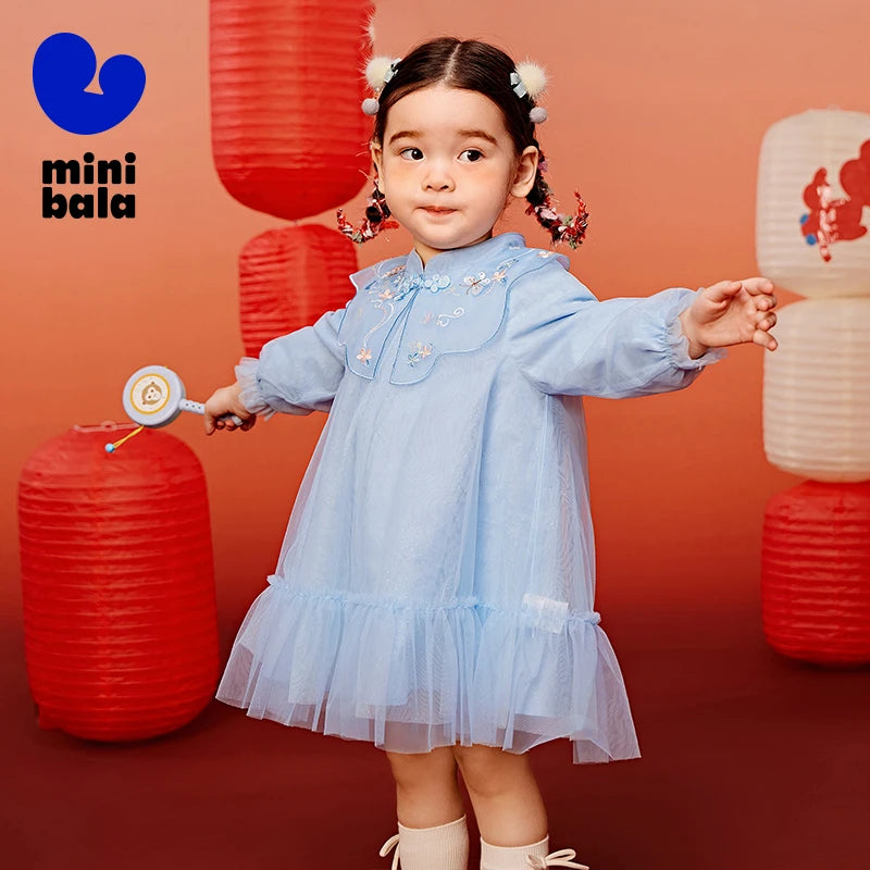 Mini Bala Girls' Dress Baby Clothes Chinese Style Sweet Mesh Dress 2025 New Spring Collection