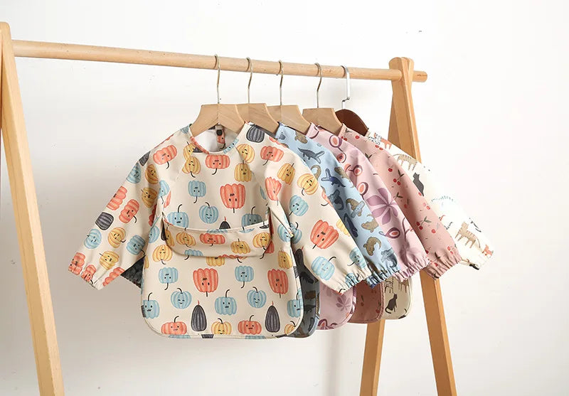 Easy Wear Long Sleeved Bib Baby Toddler Soft PU Bibs Painting Waterproof Meals Protection Washable Easy Clean Smock for Children