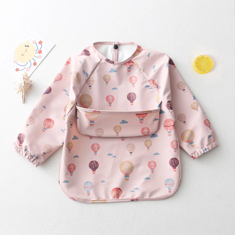 Easy Wear Long Sleeved Bib Baby Toddler Soft PU Bibs Painting Waterproof Meals Protection Washable Easy Clean Smock for Children