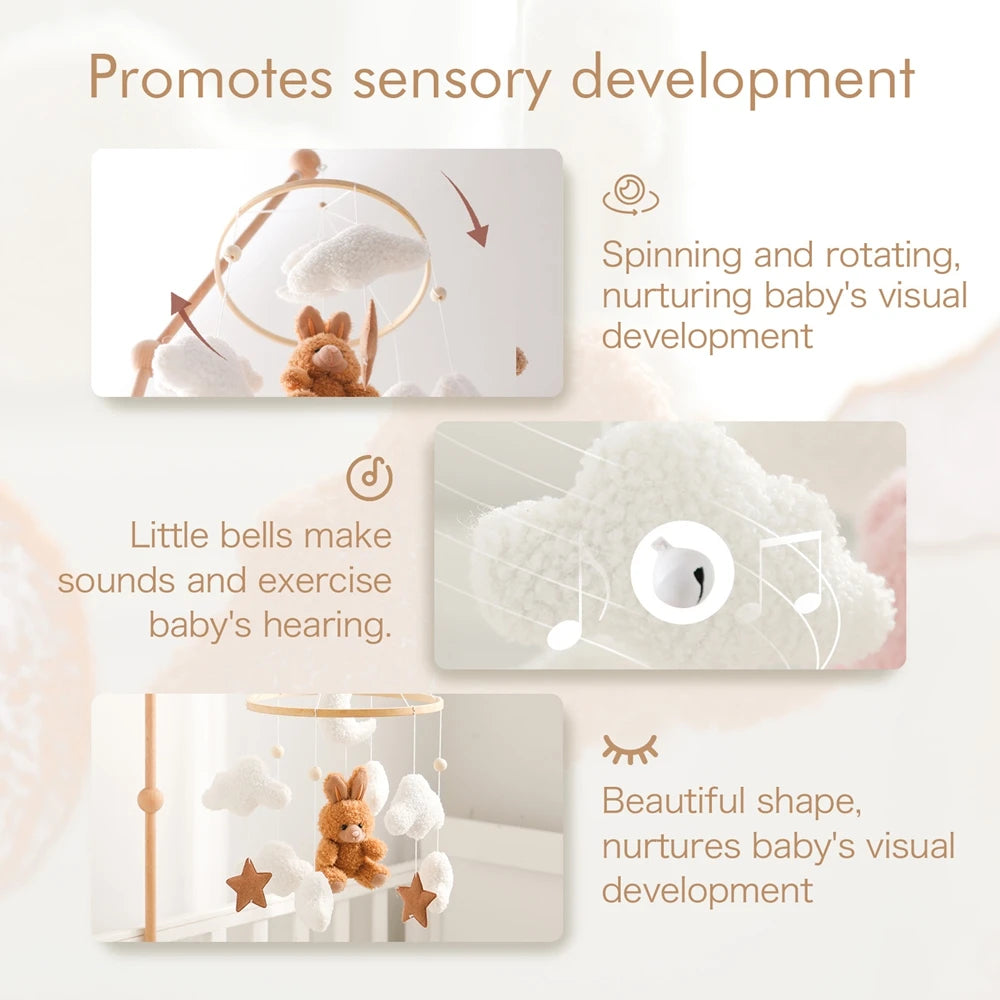 Baby Crib Mobile Wooden Rattle Toy Bed Bell Mobile Hanging Teddy Velvet Bear Doll Toy Newborn Music Box Crib Mobile Bracket Gift