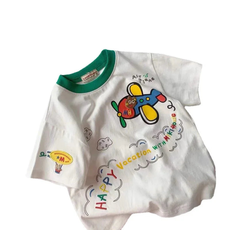 RAISE Summer Children Boys T-shirts Cotton Plane Cartoon Print Short Sleeve Tops For 1-6Y Boys Loose Round Collar Kid Boys Tees