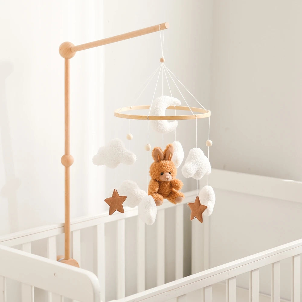 Baby Crib Mobile Wooden Rattle Toy Bed Bell Mobile Hanging Teddy Velvet Bear Doll Toy Newborn Music Box Crib Mobile Bracket Gift