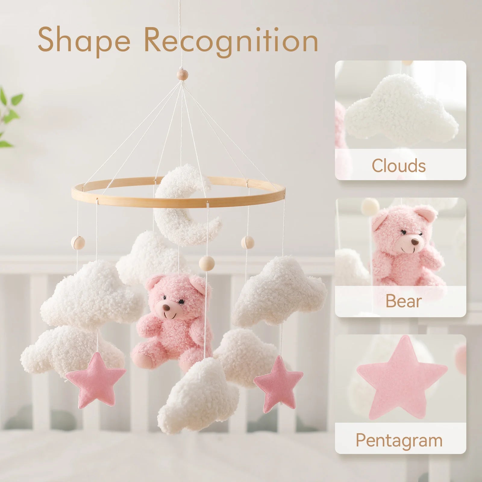 Baby Crib Mobile Wooden Rattle Toy Bed Bell Mobile Hanging Teddy Velvet Bear Doll Toy Newborn Music Box Crib Mobile Bracket Gift