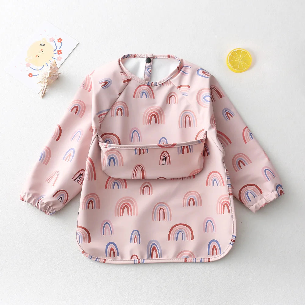 Easy Wear Long Sleeved Bib Baby Toddler Soft PU Bibs Painting Waterproof Meals Protection Washable Easy Clean Smock for Children