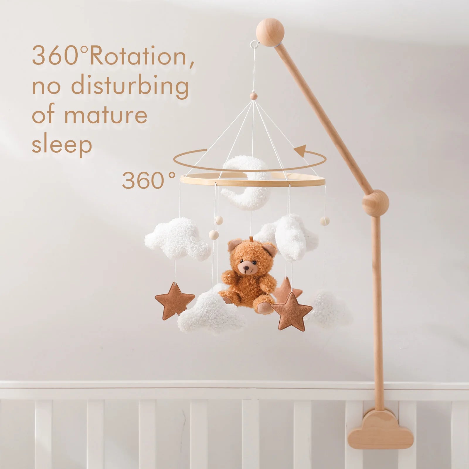 Baby Crib Mobile Wooden Rattle Toy Bed Bell Mobile Hanging Teddy Velvet Bear Doll Toy Newborn Music Box Crib Mobile Bracket Gift
