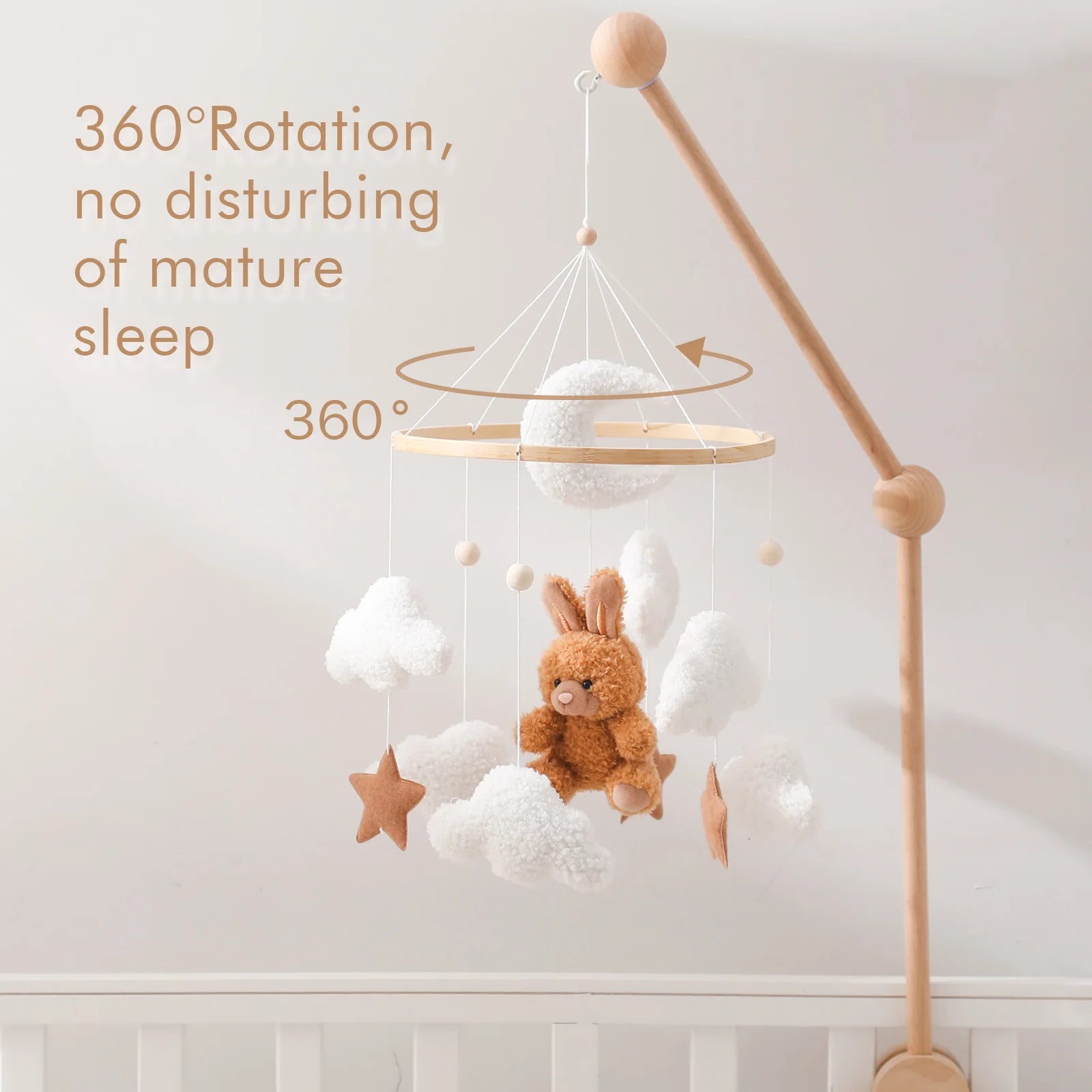 Baby Crib Mobile Wooden Rattle Toy Bed Bell Mobile Hanging Teddy Velvet Bear Doll Toy Newborn Music Box Crib Mobile Bracket Gift