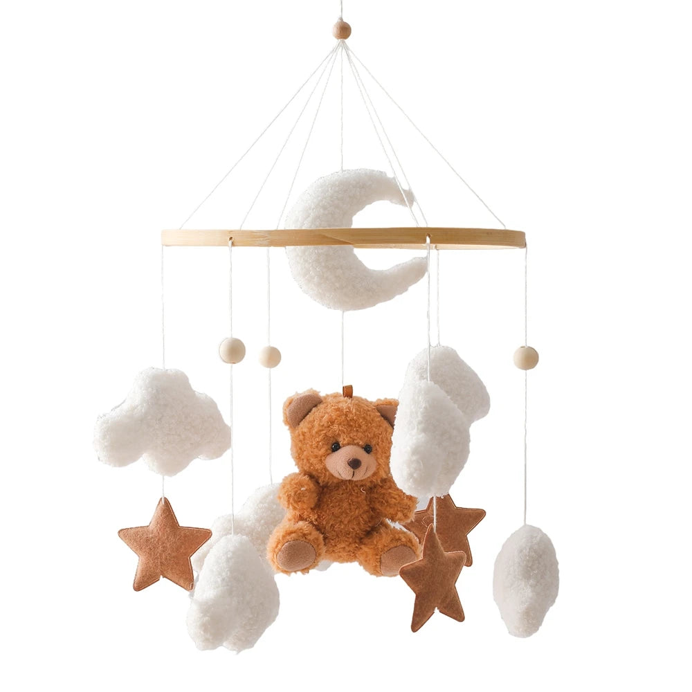 Baby Crib Mobile Wooden Rattle Toy Bed Bell Mobile Hanging Teddy Velvet Bear Doll Toy Newborn Music Box Crib Mobile Bracket Gift