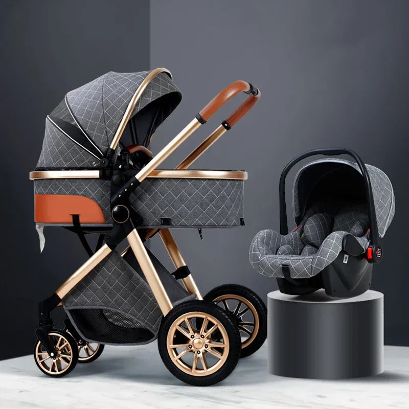 3-in-1high landscape baby stroller+safety basket for sitting and lying,lightweight folding,two-way shock-absorbing,0-3 years old