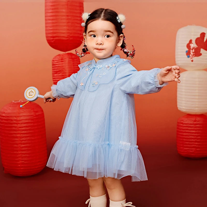 Mini Bala Girls' Dress Baby Clothes Chinese Style Sweet Mesh Dress 2025 New Spring Collection