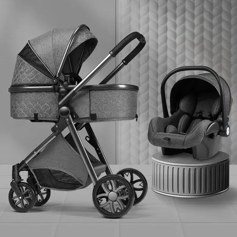 3-in-1high landscape baby stroller+safety basket for sitting and lying,lightweight folding,two-way shock-absorbing,0-3 years old