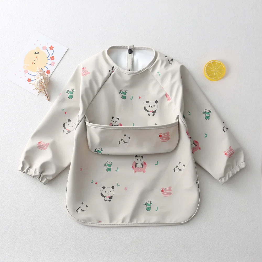 Easy Wear Long Sleeved Bib Baby Toddler Soft PU Bibs Painting Waterproof Meals Protection Washable Easy Clean Smock for Children