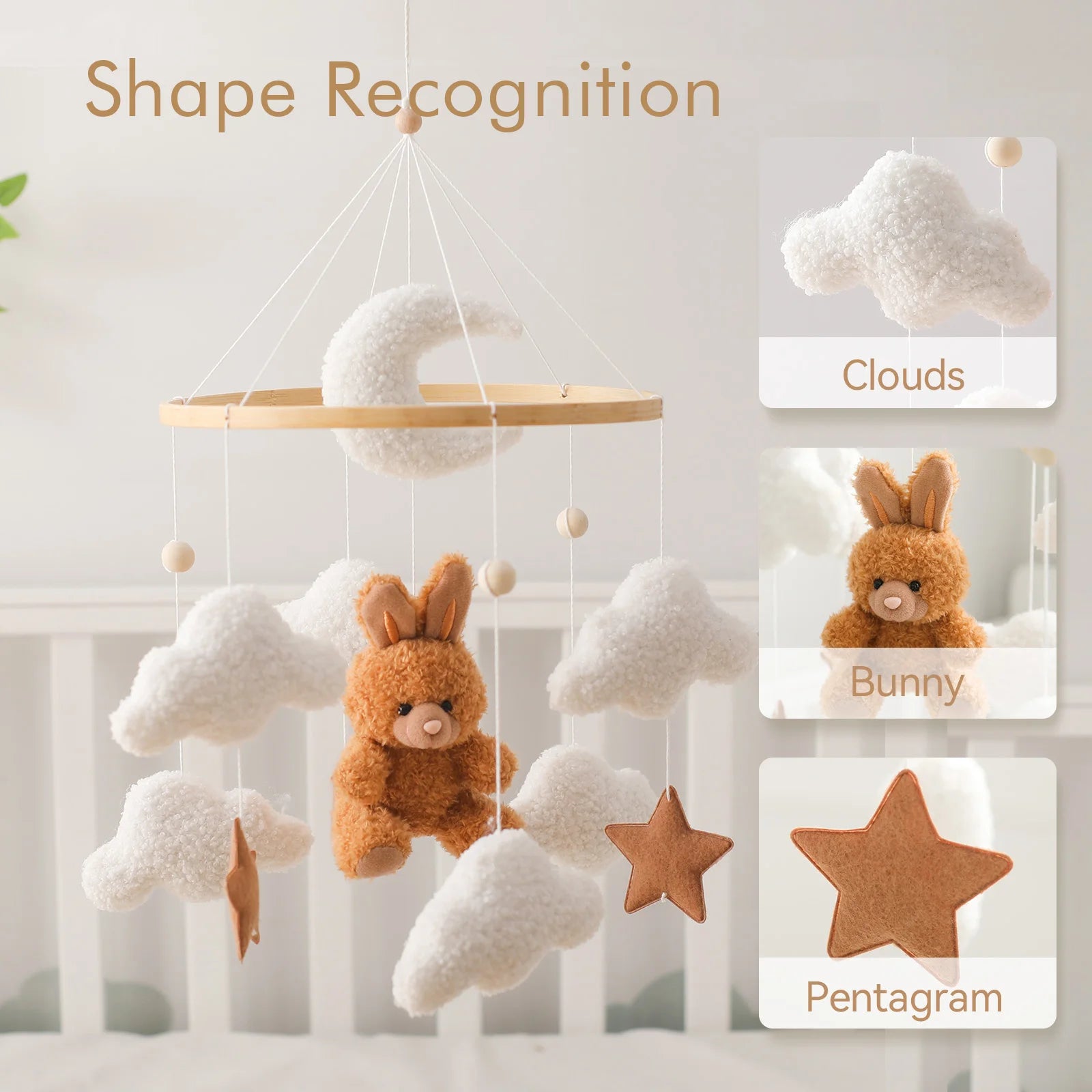 Baby Crib Mobile Wooden Rattle Toy Bed Bell Mobile Hanging Teddy Velvet Bear Doll Toy Newborn Music Box Crib Mobile Bracket Gift