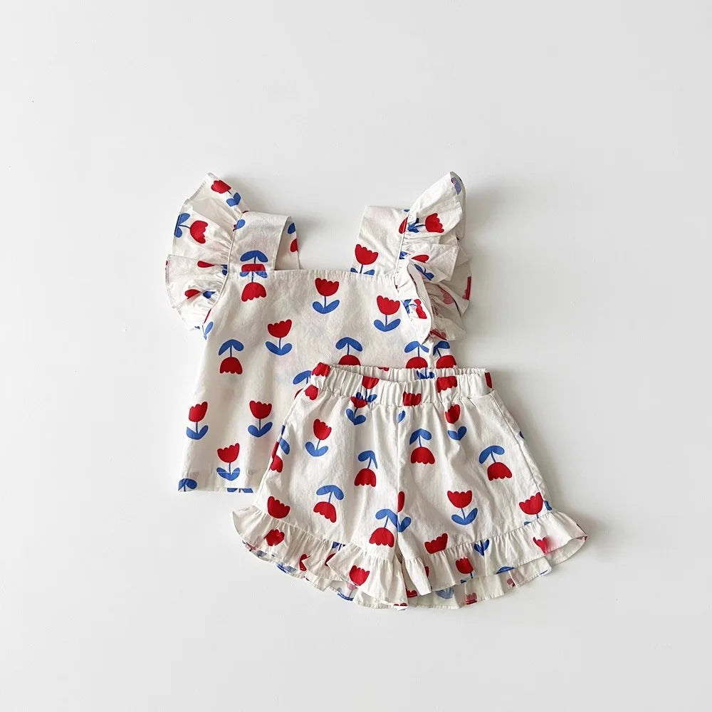 2025 Summer New Baby Girl Cute Flower Print Clothes Set Infant Girl Sling Fly Sleeve Tops + Shorts 2pcs Suit Toddler Outfits