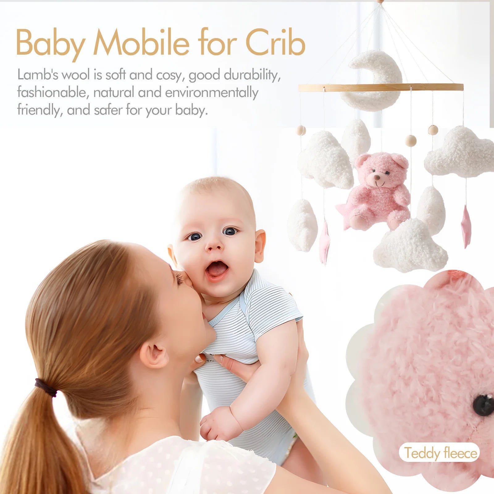 Baby Crib Mobile Wooden Rattle Toy Bed Bell Mobile Hanging Teddy Velvet Bear Doll Toy Newborn Music Box Crib Mobile Bracket Gift