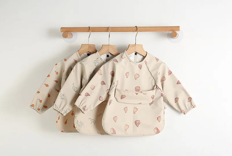 Easy Wear Long Sleeved Bib Baby Toddler Soft PU Bibs Painting Waterproof Meals Protection Washable Easy Clean Smock for Children