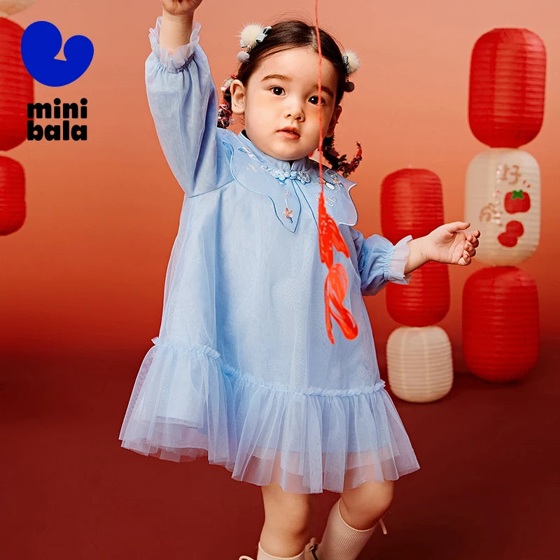 Mini Bala Girls' Dress Baby Clothes Chinese Style Sweet Mesh Dress 2025 New Spring Collection