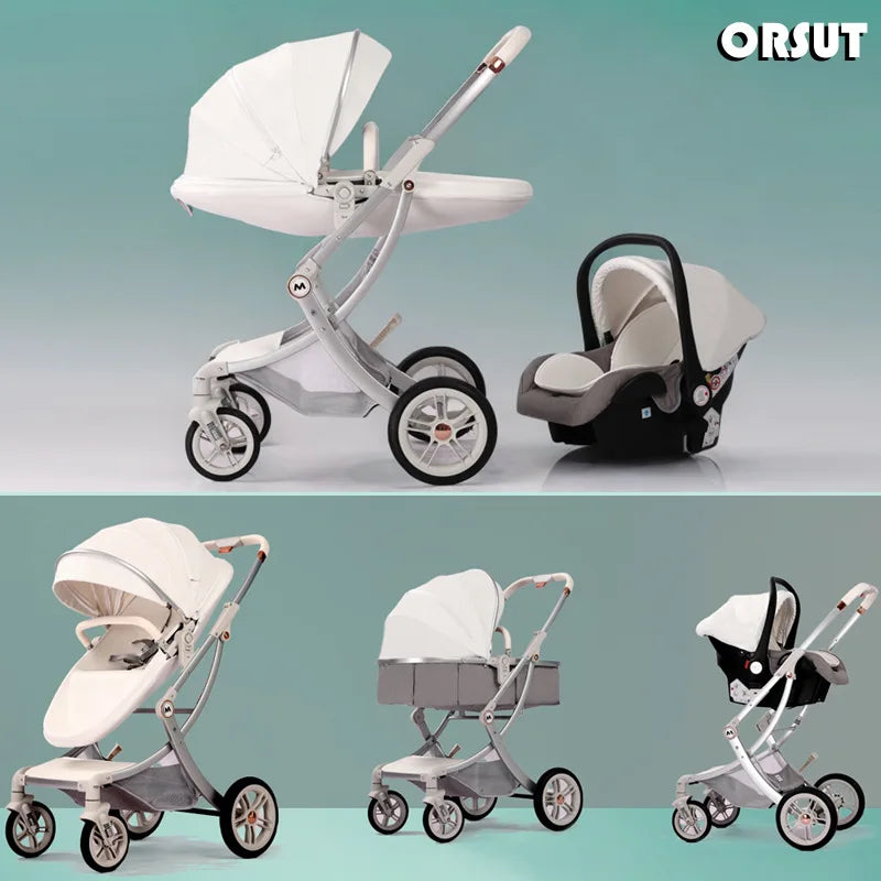 New Egg-shell 3-in-1 Baby Stroller Foldable High-view Baby Stroller with Car Seat Sitting and Lying Baby Stroller Two-way