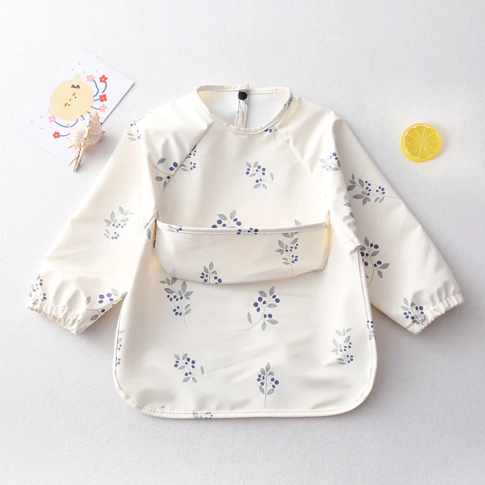 Easy Wear Long Sleeved Bib Baby Toddler Soft PU Bibs Painting Waterproof Meals Protection Washable Easy Clean Smock for Children