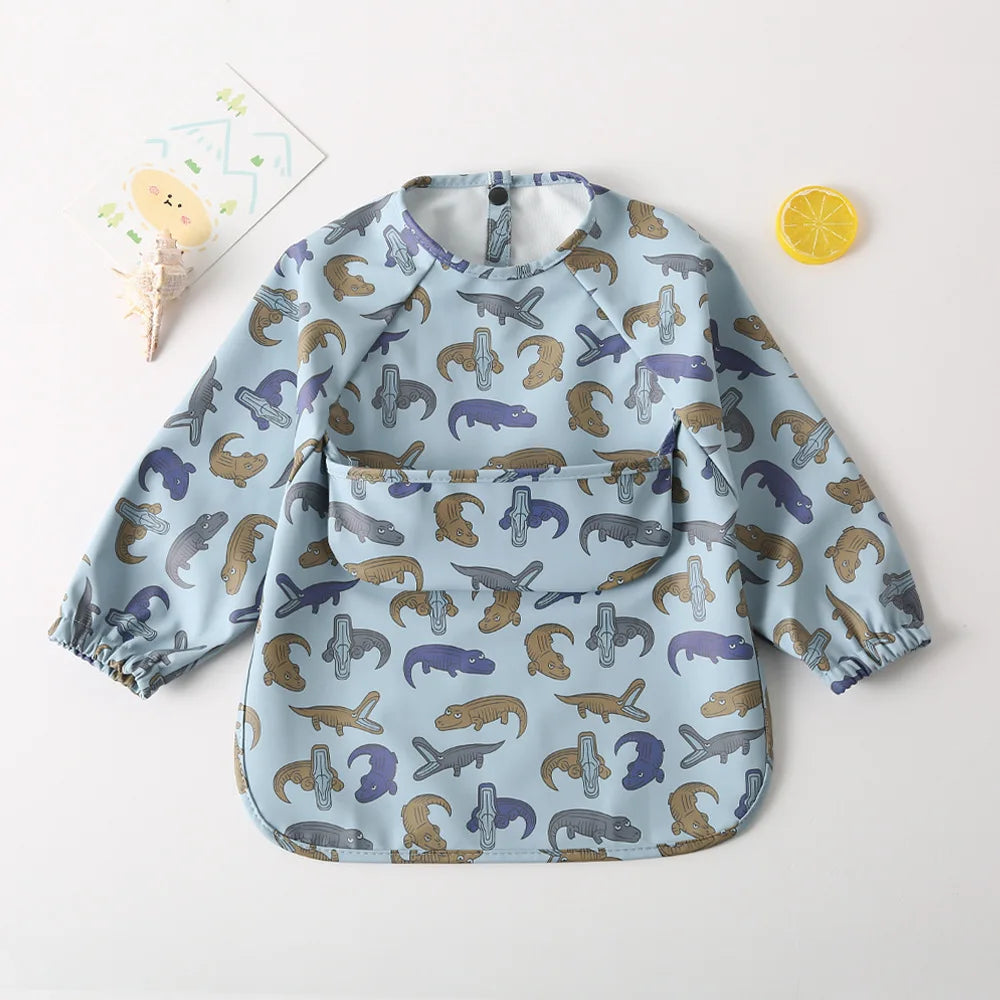 Easy Wear Long Sleeved Bib Baby Toddler Soft PU Bibs Painting Waterproof Meals Protection Washable Easy Clean Smock for Children