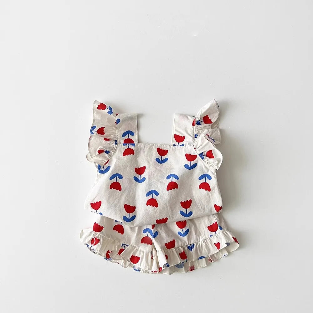 2025 Summer New Baby Girl Cute Flower Print Clothes Set Infant Girl Sling Fly Sleeve Tops + Shorts 2pcs Suit Toddler Outfits