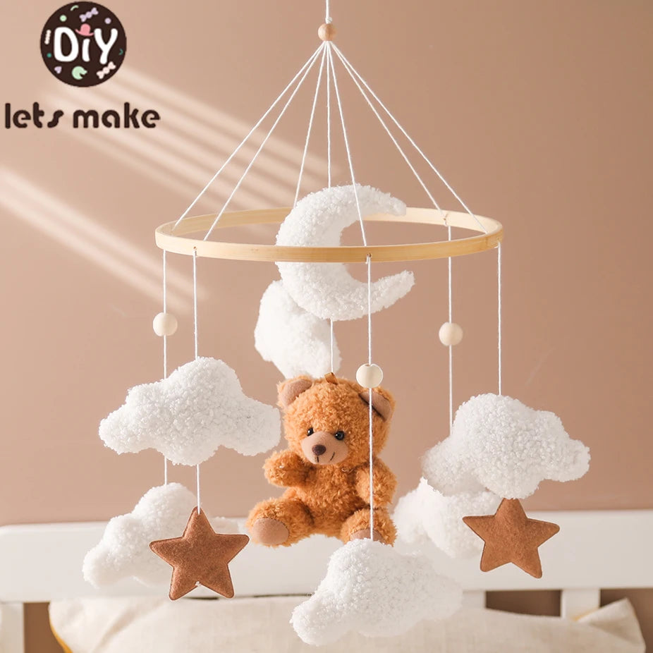 Baby Crib Mobile Wooden Rattle Toy Bed Bell Mobile Hanging Teddy Velvet Bear Doll Toy Newborn Music Box Crib Mobile Bracket Gift