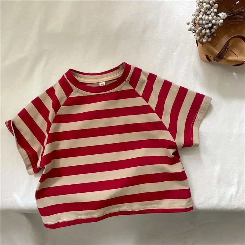 Korean Summer Children Boys T-shirts Cotton Striped Round Collar Infant Babys Boys Tops Loose Versatile Toddler Kids Boys Tees