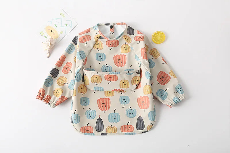 Easy Wear Long Sleeved Bib Baby Toddler Soft PU Bibs Painting Waterproof Meals Protection Washable Easy Clean Smock for Children
