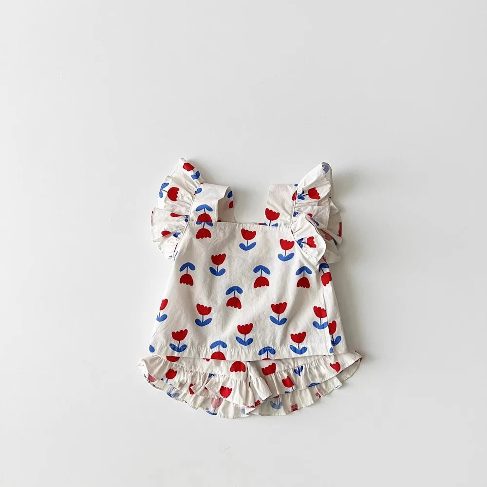 2025 Summer New Baby Girl Cute Flower Print Clothes Set Infant Girl Sling Fly Sleeve Tops + Shorts 2pcs Suit Toddler Outfits