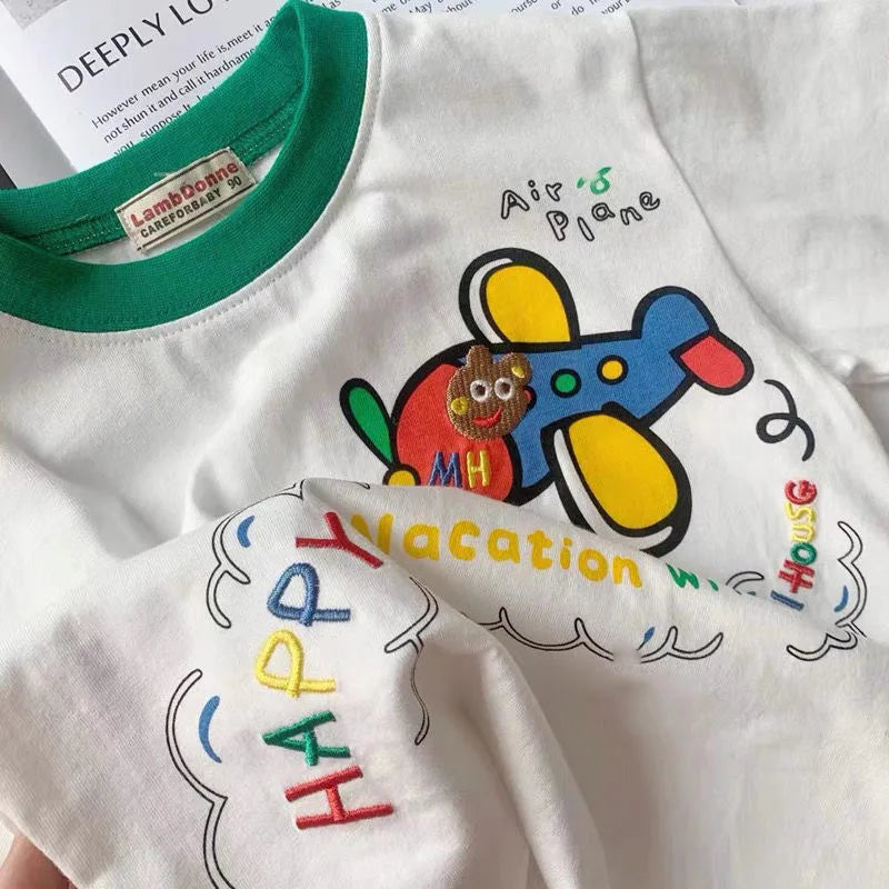 RAISE Summer Children Boys T-shirts Cotton Plane Cartoon Print Short Sleeve Tops For 1-6Y Boys Loose Round Collar Kid Boys Tees