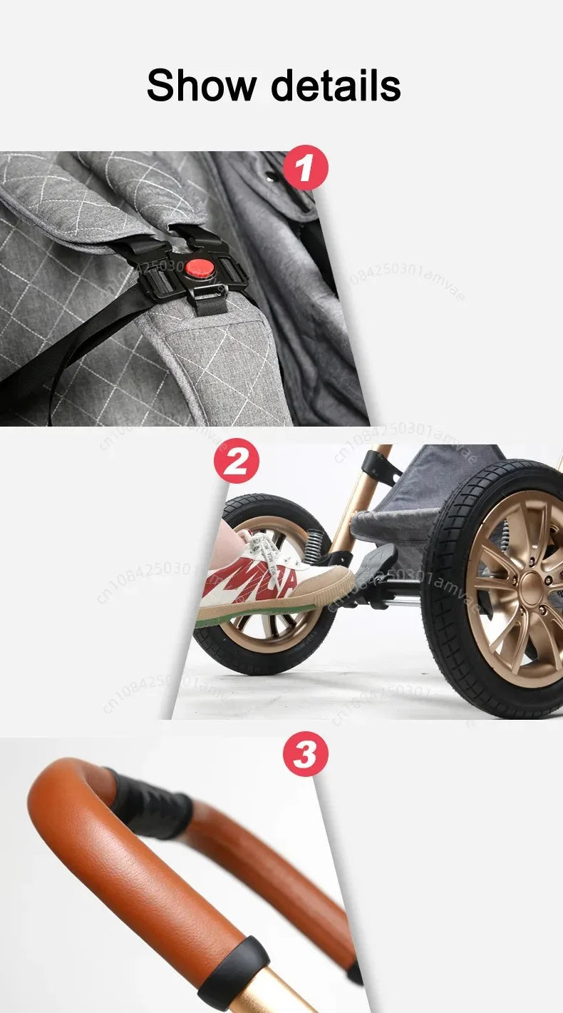 3-in-1high landscape baby stroller+safety basket for sitting and lying,lightweight folding,two-way shock-absorbing,0-3 years old