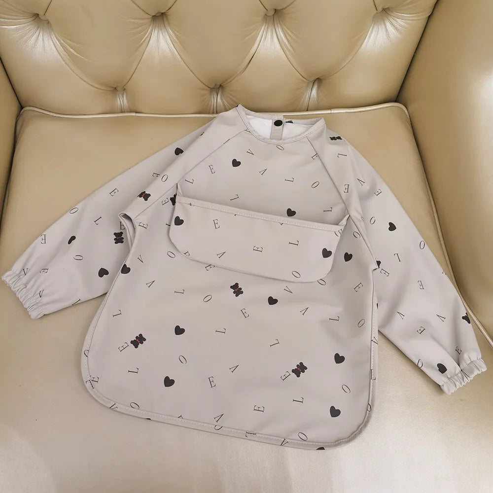 Easy Wear Long Sleeved Bib Baby Toddler Soft PU Bibs Painting Waterproof Meals Protection Washable Easy Clean Smock for Children